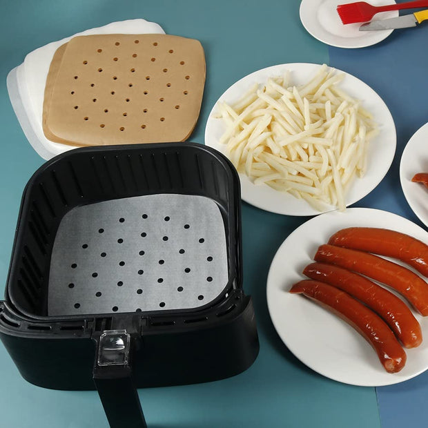 Set of 200, 8.5 Inch Square Liners/Steaming /Perforated Parchment Paper for Air Fryer, Steaming Basket and More